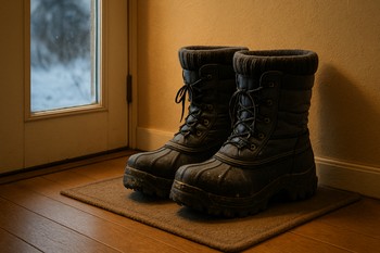 Wet boots left to dry on a mat by the door after the trip