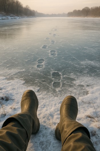 Footsteps in fresh snow leading from the shore onto the ice