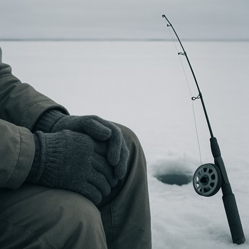 Gloves and rod resting on the ice between holes