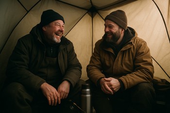 Anglers laughing softly inside a dim ice fishing shelter