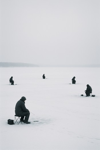 Group of anglers spaced far apart across a wide ice field