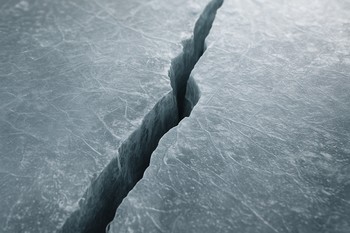 Boot prints near a long crack running across dark ice