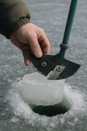 Auger hole and measured ice thickness next to a boot
