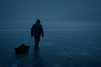 Angler walking alone across dim pre-dawn ice with a sled