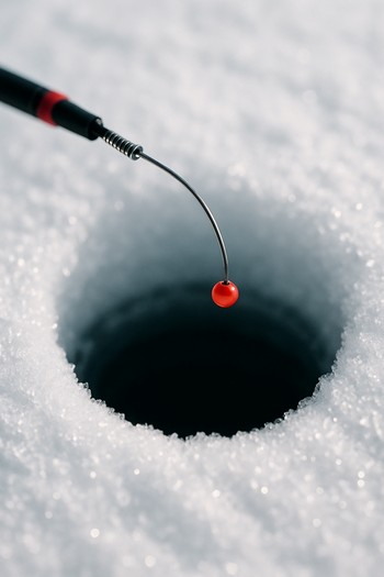 Close-up of ice fishing rod and nod above a dark round hole