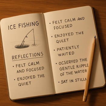 Notebook with simple handwritten ice fishing reflection notes