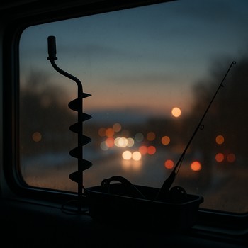 Evening city lights seen through a fogged bus window after fishing