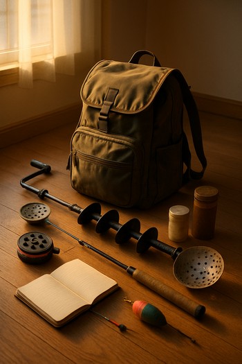 Packed backpack and ice fishing rod standing on a hallway floor