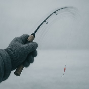 Hand making a slow, repeated lift with a short ice rod