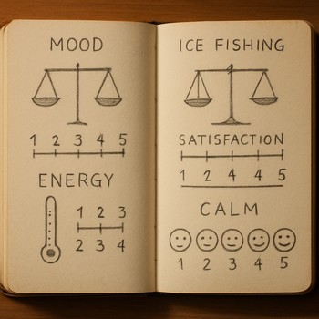 Notebook page with three simple hand-drawn scales for calm, focus and energy