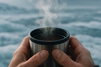 Steam rising from a small thermos cup on the ice