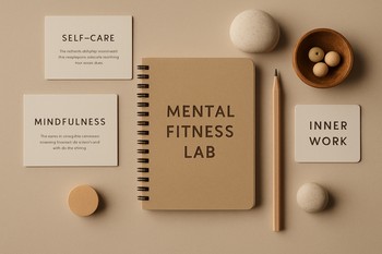 Flat lay of notebook, cards and pencil on a dark desk