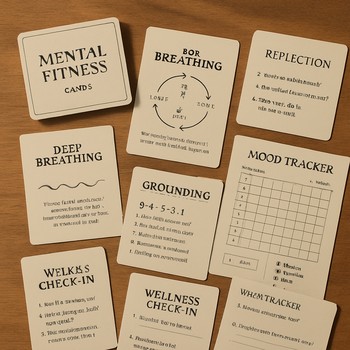 Spread of printed cards and trackers laid out on a table