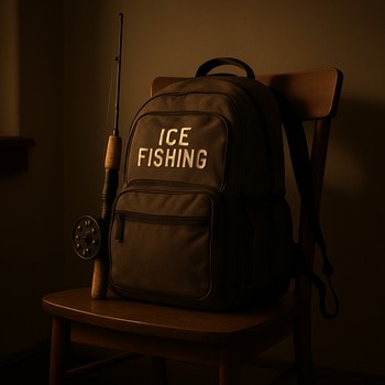 Fishing bag left on a chair in a dark hallway at night
