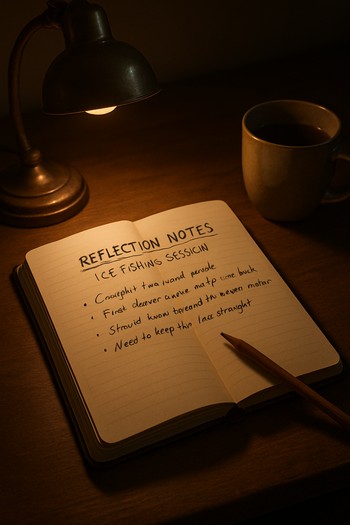 Open notebook and pen on a dimly lit desk with a mug beside