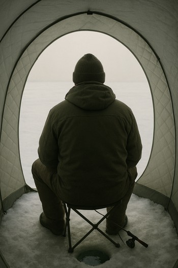 Single angler sitting in a small shelter glowing on open ice