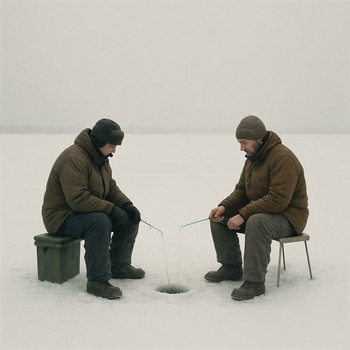 Two anglers sitting side by side over separate ice holes in soft evening light