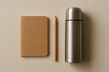 Notebook, pencil and thermos arranged neatly on a dark sled