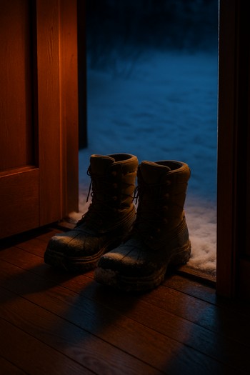 Winter boots and ice fishing rod standing by a doorway in soft light
