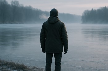 Angler standing on dim ice with visible breath in cold air