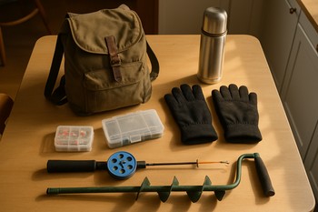 Tidy backpack and ice fishing gear laid out on a kitchen table