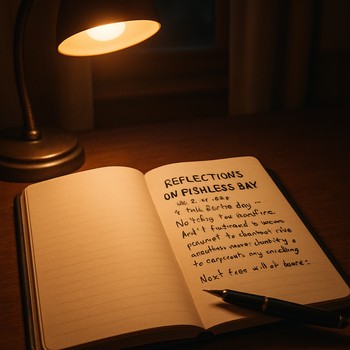 Notebook and pen on a table with a small warm lamp after fishing
