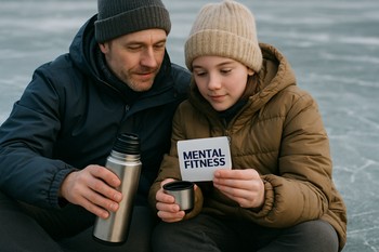 Family thermos on sled with colourful session strips beside it
