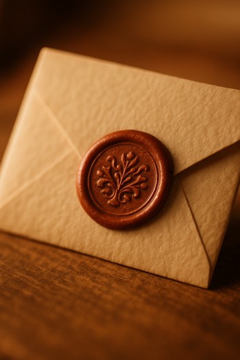 Close view of a small stamp mark on the back of an envelope