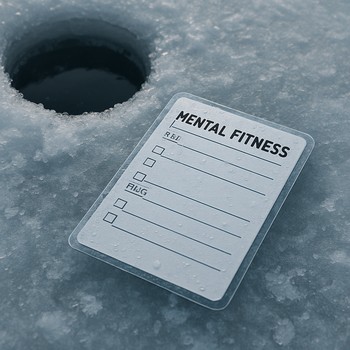 Laminated ice session card clipped to a rod handle above the hole
