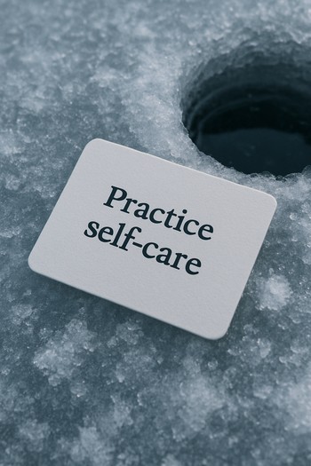 Single printed card resting near a dark ice hole