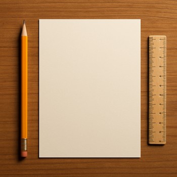 Notebook, pencil and ruler on a desk while preparing cards