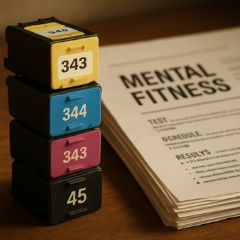 Stack of low-ink black-and-white session cards on a printer tray