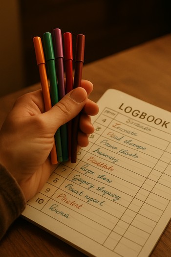Pen resting on a key that explains colors and icons on a card