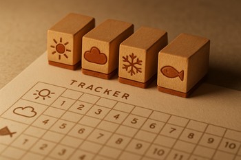 Row of small rubber stamps with simple shapes on a cutting mat