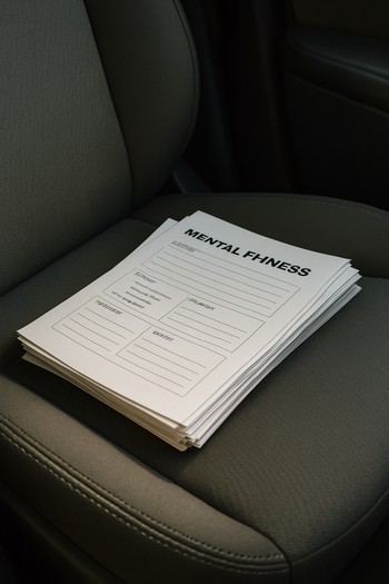 Printed cards resting on a car seat next to ice fishing gloves