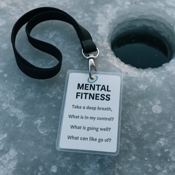 Narrow session strip hanging from a lanyard near an ice hole