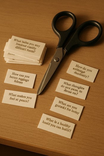 Trimmed stack of narrow session strips next to scissors