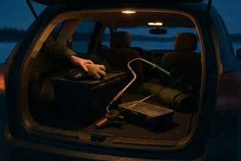 Open car boot at evening light with ice gear packed inside