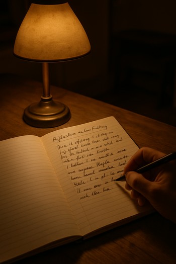 Small notebook and pen on a table under a warm desk lamp