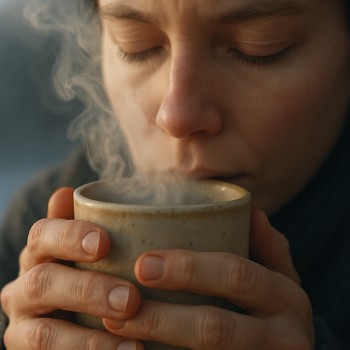Hands wrapped around a warm mug during a pause on the ice
