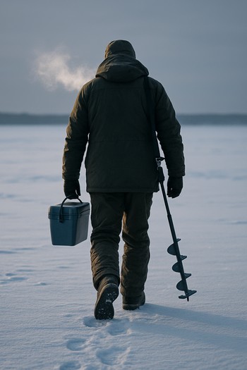 Angler walking back from the ice with visible breath in cold air