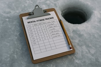 Clipboard with a single session card resting next to an ice hole