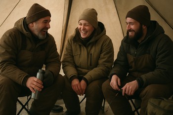Group of anglers laughing together inside a warm shelter