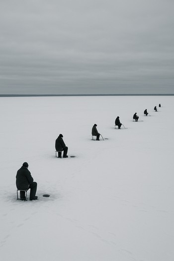 Line of drilled ice holes with anglers spaced out on a wide field