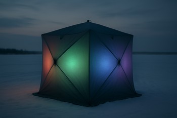 Ice shelter glowing with soft warm light against the dark ice