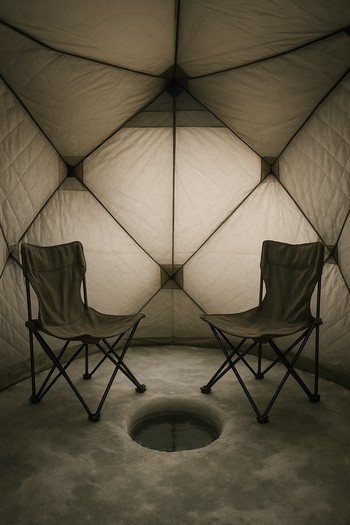 Two chairs facing the same direction inside a small shelter