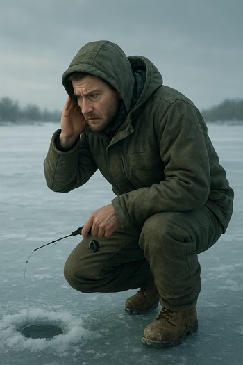 Angler standing still on the ice, listening with rod in hand