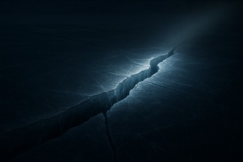 Dark ice with a bright crack line running across at night