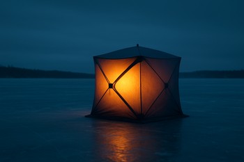 Soft light inside an ice shelter with rod, notebook and thermos