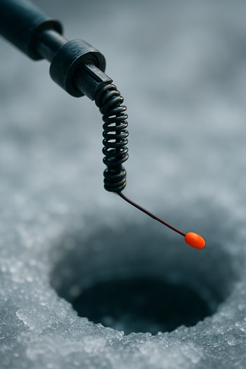 Close view of a nod and line over a dark ice hole